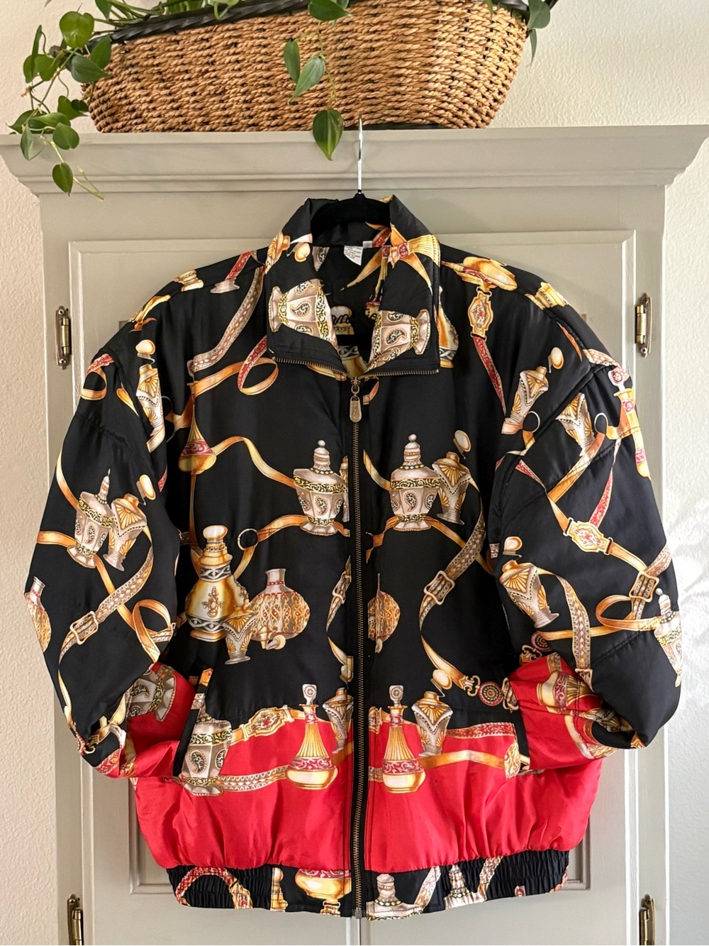 Vintage Fuda International 100% Silk Baroque Perfume Bottle Bomber Jacket  Large